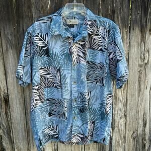 Two Paddles Palm Leaves Blue Aloha Button-up Shirt Made in Hawaii Mens Size XL